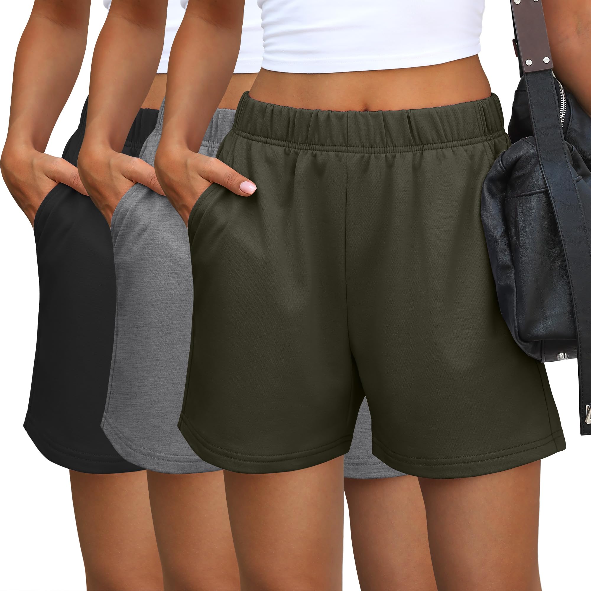 Photo 1 of Ficerd 3 Pack Women's Sweat Shorts High Waisted Casual Summer Workout Comfy Lounge Short with Pockets Athletic Trendy Pants(Black, Medium Gray, Army Green,Large)