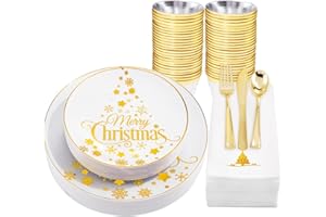 Hioasis 175PCS Christmas Plastic Plates - Christmas disposable plates set with Gold Christmas Tree & Gold Plastic Silverware & Clear Gold Cups & Gold Christmas Tree Napkins Perfect for Christmas Party