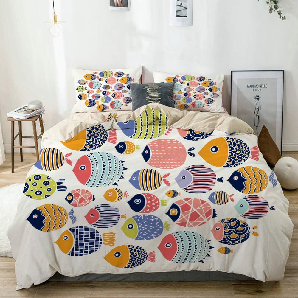 YOLIKA Duvet Cover Set Cute fish Beige Decorative 3 Piece Bedding Set with 2 Pillow Shams King Size