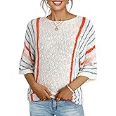 Dokotoo Womens 2026 Spring Summer Casual Crewneck 3/4 Sleeve Striped Lightweight Knit Trendy Boho Tops Pullover Sweaters