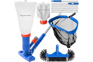 Poolvio Pool Cleaning Kit with Spa Jet Vacuum Cleaner, 8-Foot Pole, Leaf Rake Net & Round Brush for Inflatable and Above-Ground Pools
