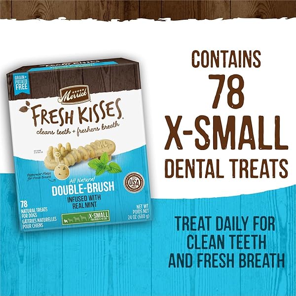 MERRICK FRESH KISSES NATURAL DENTAL CHEWS TOOTHBRUSH TREAT SHAPE INFUSED WITH REAL MINT FOR TINY DOGS 5-15 LBS – 106 CT. BOX