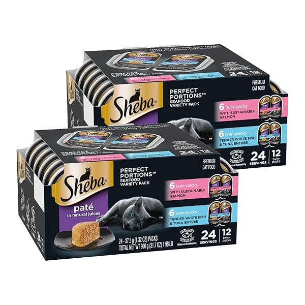 SHEBA PERFECT PORTIONS WET CAT FOOD PATE WITH SUSTAINABLE SALMON AND TENDER WHITEFISH & TUNA ENTREE VARIETY PACK, 2.6 OZ. TWIN-PACK TRAYS (12 COUNT, 24 SERVINGS) (PACK OF 2)