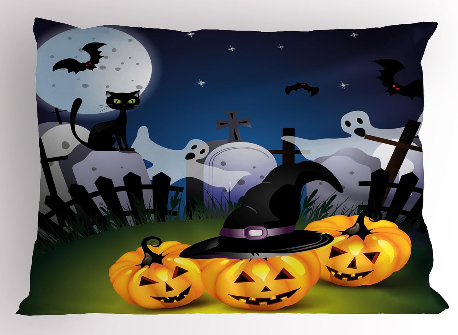 Amazon Com Lunarable Halloween Pillow Sham Funny Cartoon Design With Pumpkins Witches Hat Ghosts Graveyard Full Moon Cat Decorative Standard Size Printed Pillowcase 26 X 20 Multicolor Home Kitchen