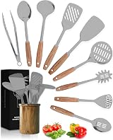 Home Hero Silicone Kitchen Utensil Set - 8 Piece Non-Stick Grey & Wood view 1