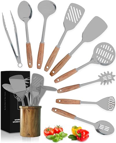 Home Hero Silicone Kitchen Utensil Set - 8 Piece Non-Stick Grey & Wood