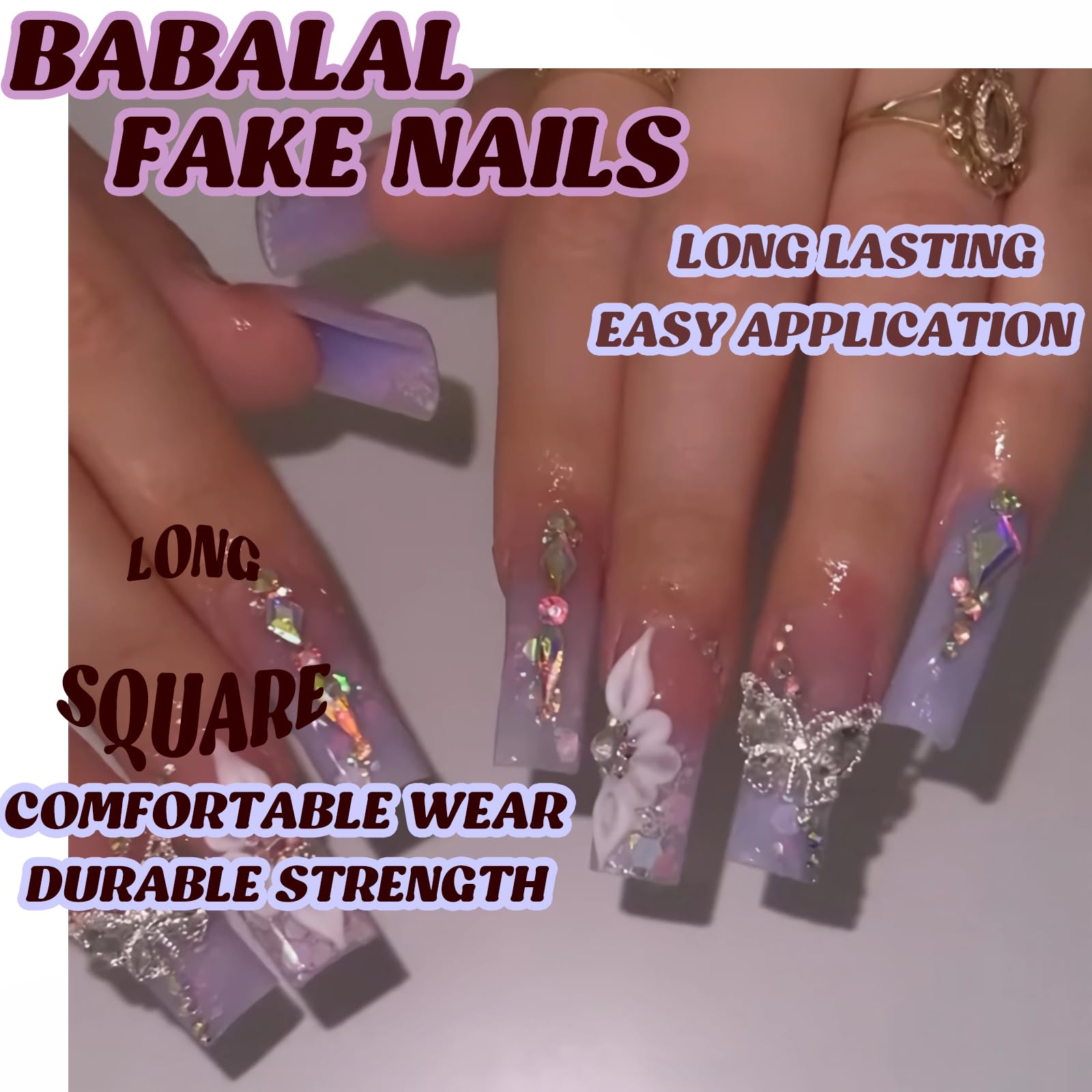 BABALAL Purple Press on Nails Long Square Fake Nails Butterfly Design Glue on Nails 3D Flower Charm Acrylic Nails 24Pcs Bling Squoval Luxury Full Cover False Nails - Image 5