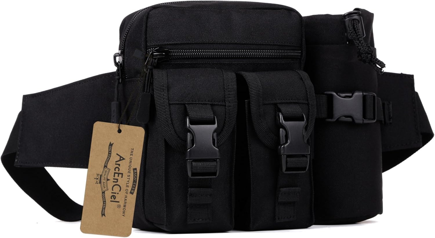 ArcEnCiel Tactical Waist Bag Waterproof Bum Bag Military Waist Utility Belt Water Bottle Pouch Pack for Trekking Hiking Walking Bike Cycling Climbing (Black) : Sports & Outdoors
