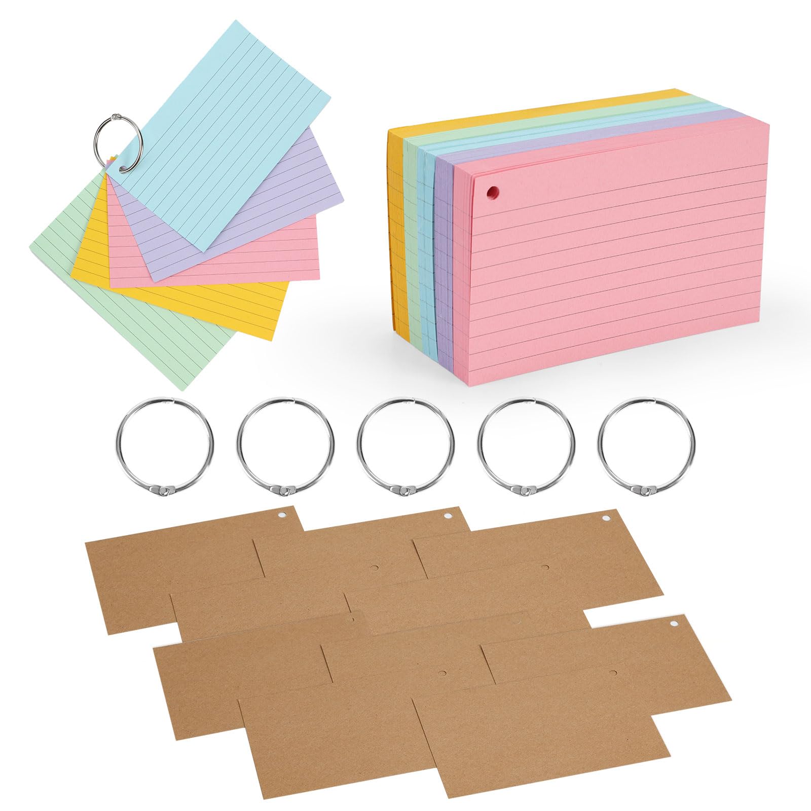 Multi-Colour Flashcard Lined, 250Pcs Ruled Revision Cards Punched Note Cards Tabbed Index with 5 Metal Binder Rings, Record Cards for Study, Record Home Classroom Office(13 * 8cm)