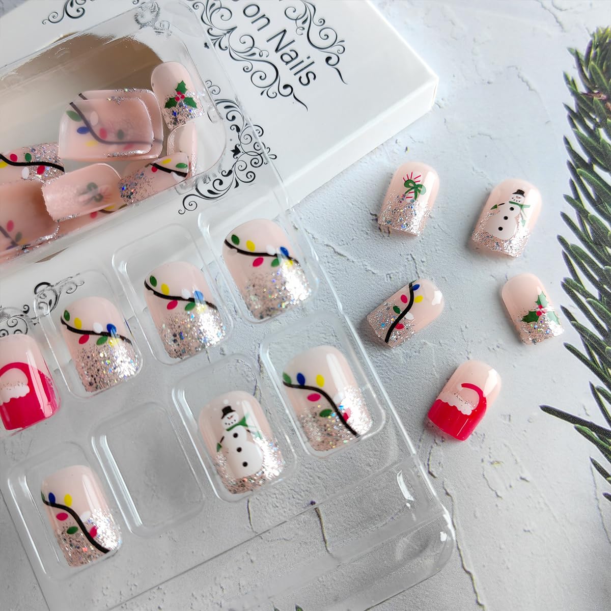 24Pcs Christmas Glitter Silver French Tip Press on Nails - Short Square False Christmas Press ons Coloured Light Xmas Hat Full Cover Fake Snowman Glue on for Winter Acrylic - Image 7