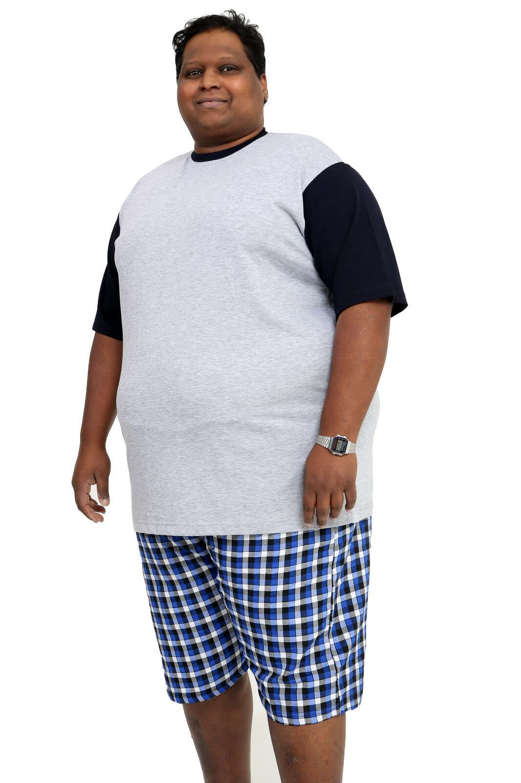Brooklyn Imports LTD Big And Tall Size PJS Plain Pyjamas Set Plus Size Nightwear - Grey/Blue Check (5XL)