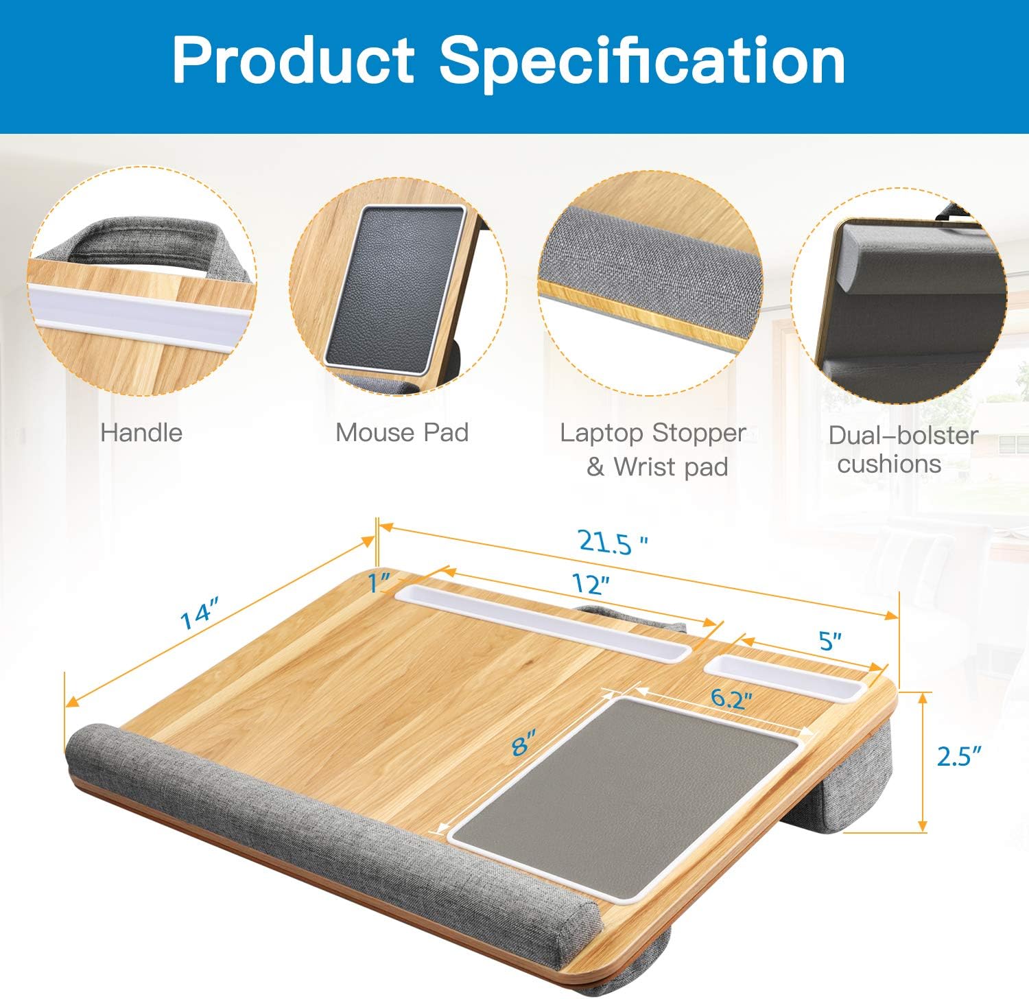 Lap Desk - Fits up to 17 inches Laptop Desk, Built in Mouse Pad & Wrist Pad for Notebook, MacBook, Tablet, Laptop Stand with Tablet, Pen & Phone Holder (Wood Grain) : Office Products