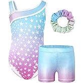 JiAmy Girls Gymnastics Leotards, Glitter Ballet Dance Unitards Biketards Activewear with Short & Hairband for Kids