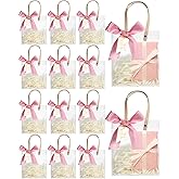 Liobelon 12 Pieces Clear Plastic Bags with Handles Clear Gift Favor Bags Reusable Plastic Wrap Tote Bag with Ribbon Wedding Gift Bag for Bridal Party Shopping Business 7.9" x 6.9" x 3.3" (Purple Pink)