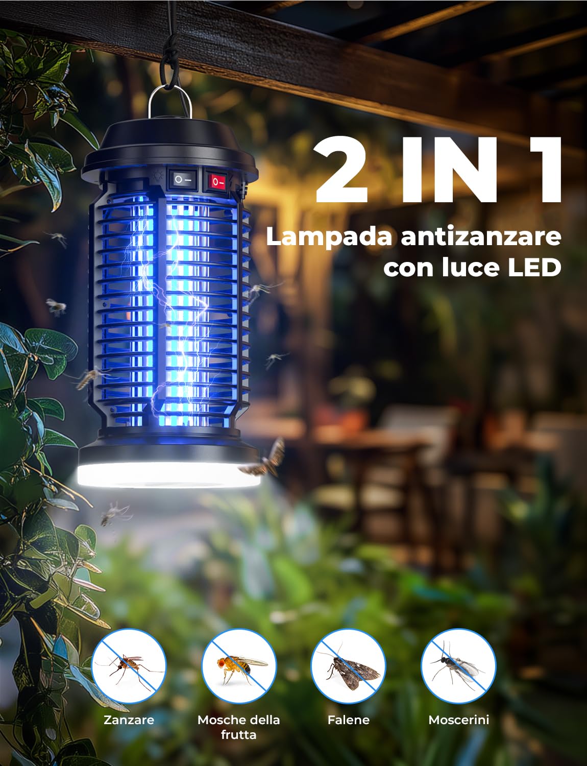 YISSVIC Elektrischer Insektenvernichter 4200V Mückenlampe 15W mit UV-Licht und LED-Beleuchtung Zwei Separate Schalter Wasserdicht IPX4 geeignet für außen und innen 28 x 13.5cm 2