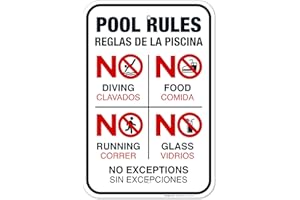 Sigo Signs Bilingual Pool Rules Sign, No Diving No Running No Food No Glass, 12x18 Inches, Rust Free .063 Aluminum, Fade Resistant, Made in USA