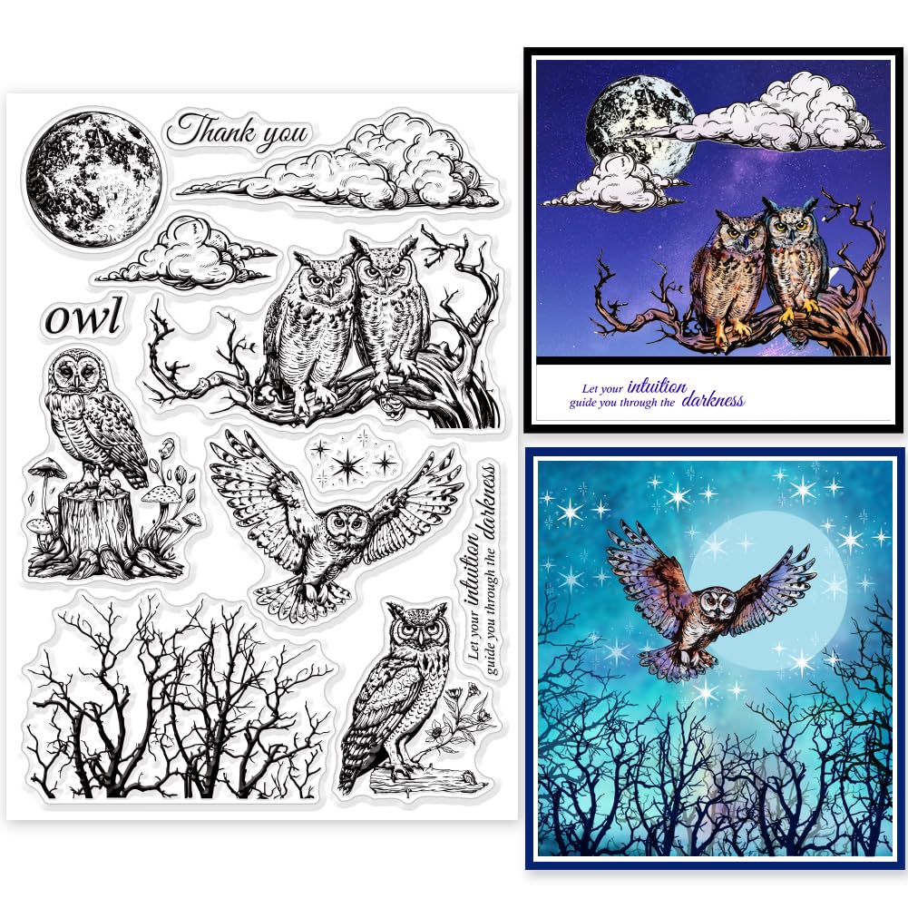 GLOBLELAND Owl Moon Clear Stamps - Withered Tree Moon Cloud Silicone Stamps for DIY Scrapbooking, Decorative Cards & Home Decoration - 8.27x5.83inch