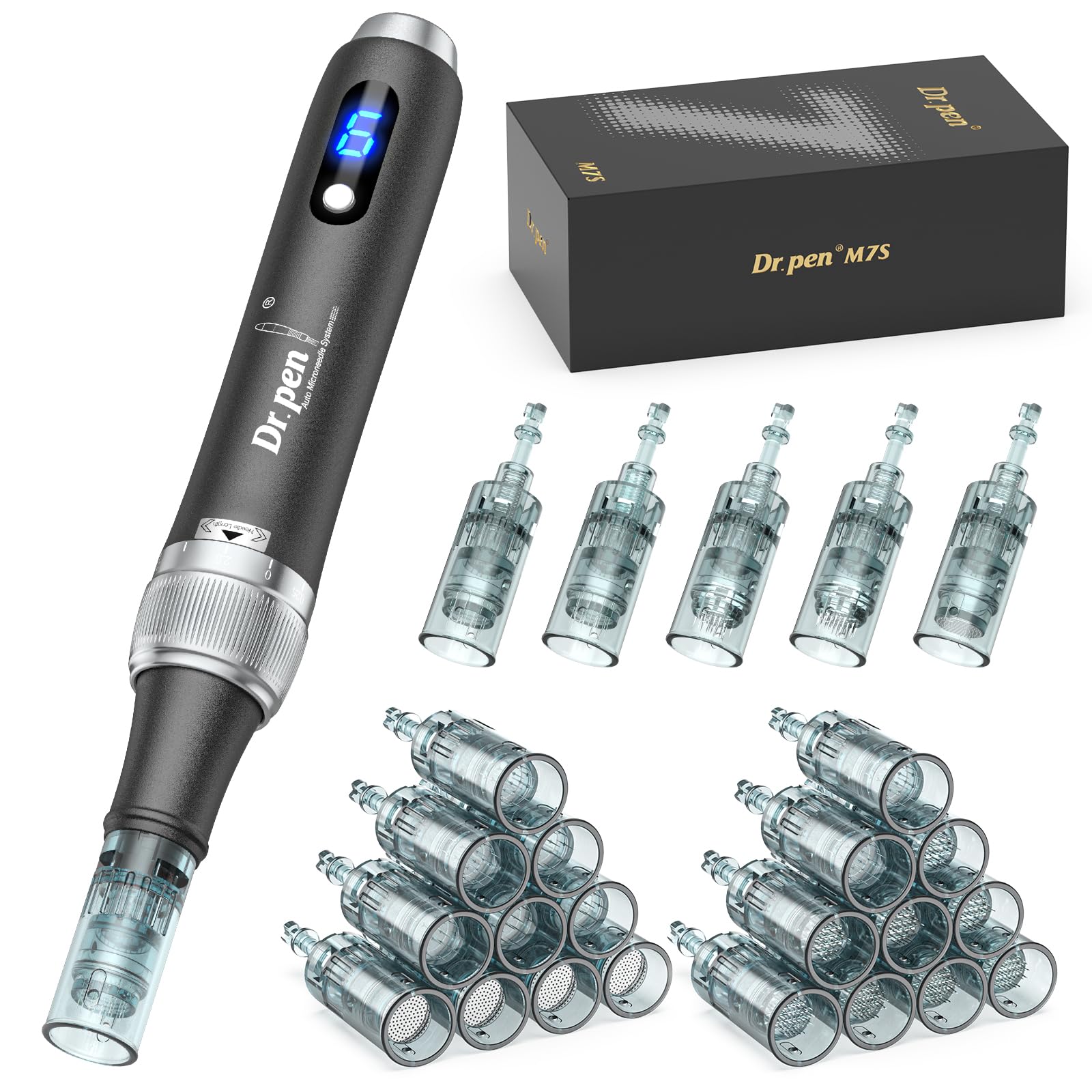 Dr. Pen M7S Wireless Microneedling Pen Skin Care Tool Kit with 11, 16, 24, 36 Pin Cartridges Black