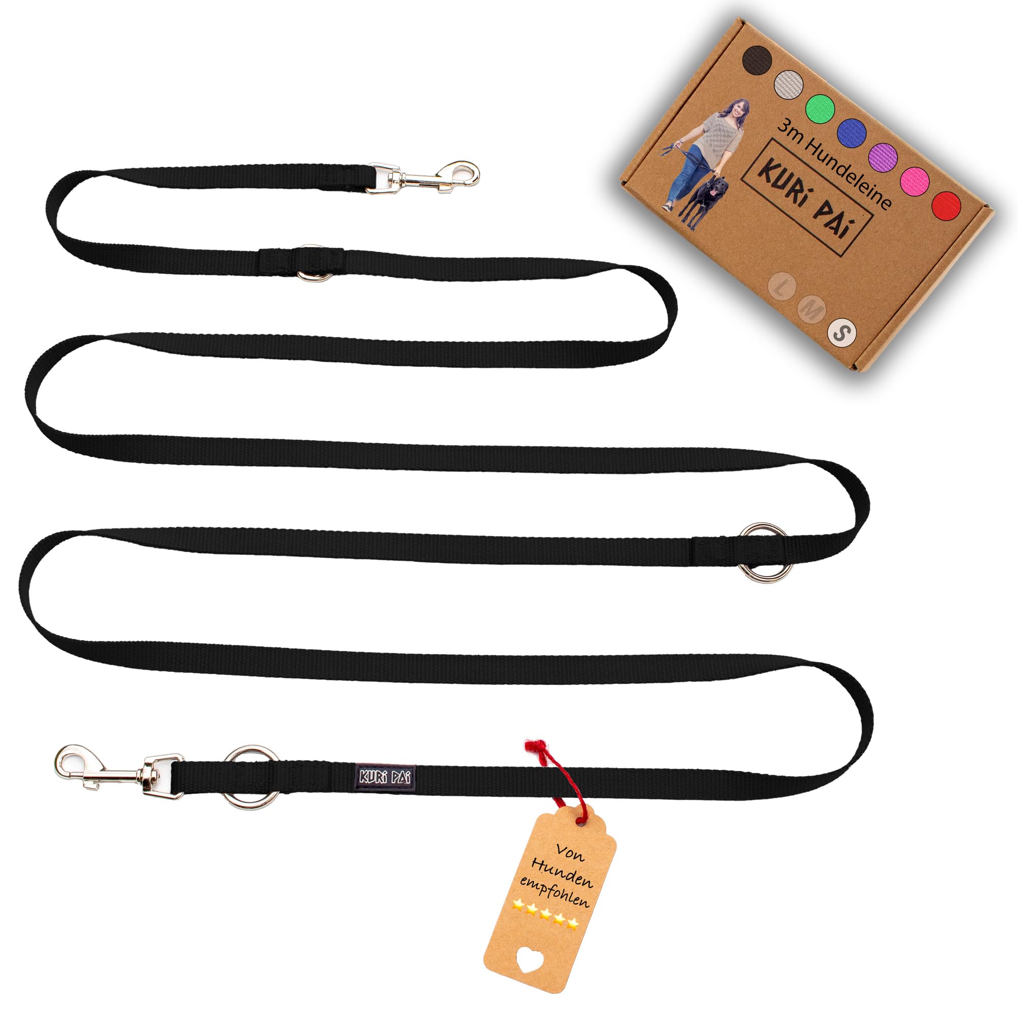 KURI PAI® Comfortable Dog Lead 3 m, Adjustable Dog Lead for Small Dogs, Bamboo Viscose, Durable and Soft, Perfect for Everyday Walks, S (1.5 cm Wide), Black