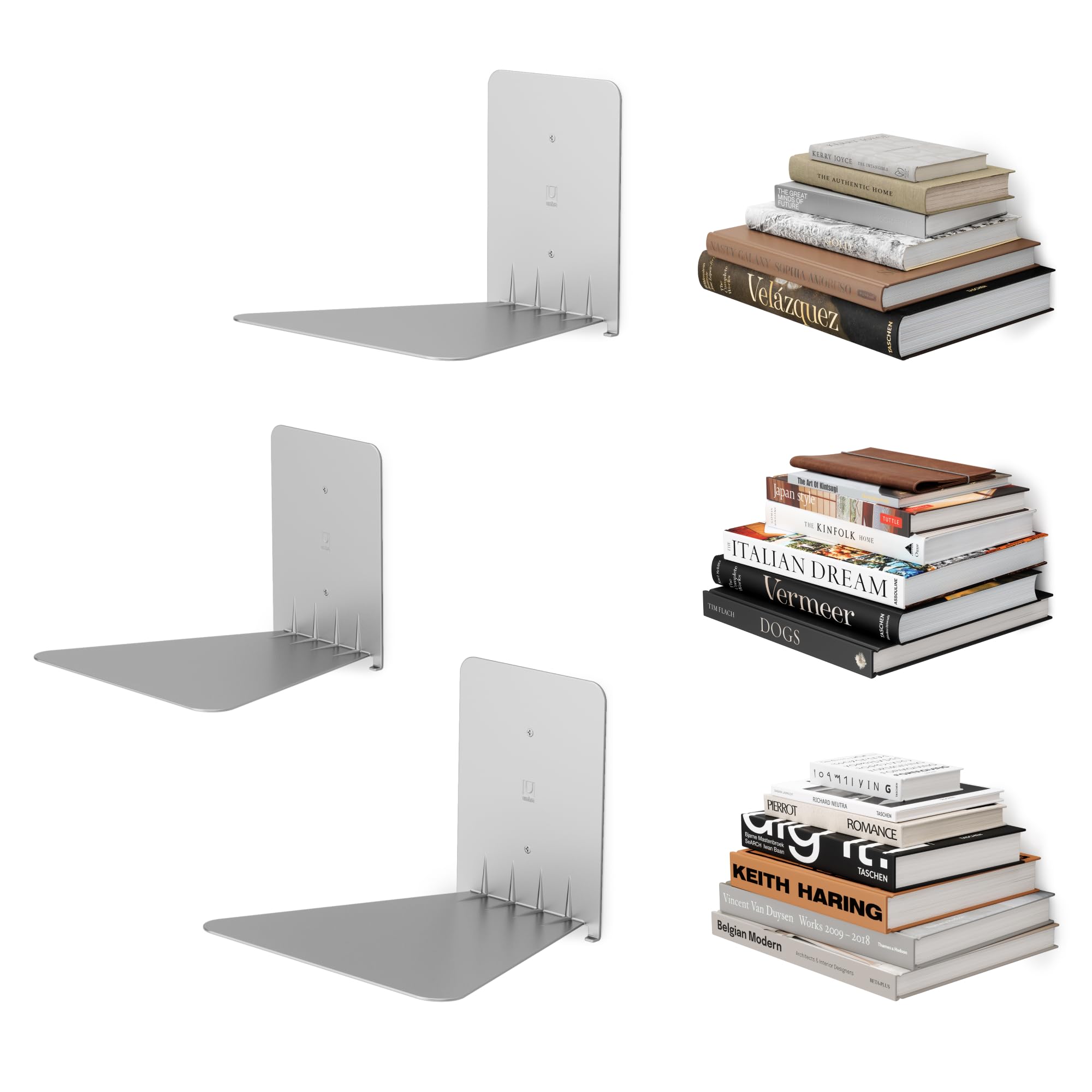 Umbra Conceal, Sturdy Metal Floating Bookshelf for Wall, Silver, Large, Set of 3