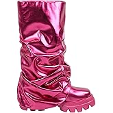 DETOGNI Women's Metallic Mid Calf Pull-On Fit Boots Scrunched Foldover Chunky Platform Sole Rounded Toe Booties