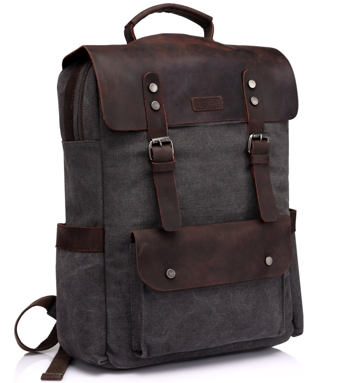 VASCHY Vintage Canvas Leather Backpack Campus Bookbag Outdoor