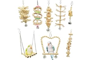 FBIRDY Bird Parrot Wooden Swings Chew Hanging Bell Cage Toys Perch for Small Parakeets Cockatiels Finches Budgie (Bird Swings-8)
