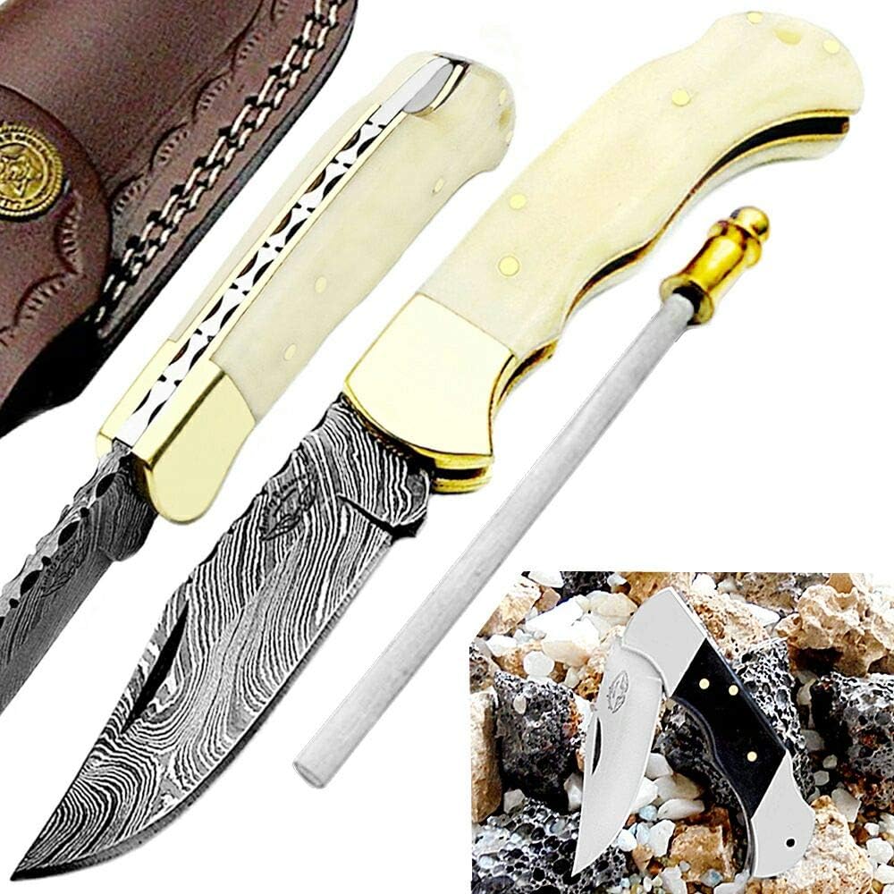 Amazon Com Pocket Knife Camel Bone 6 5 Handmade Damascus Steel Pocket Knifes For Men Folding Knife With Back Lock Brass Bolster Knives For Hunting Camping Hiking Damascus Steel Knife Leather Sheath Quality Edc