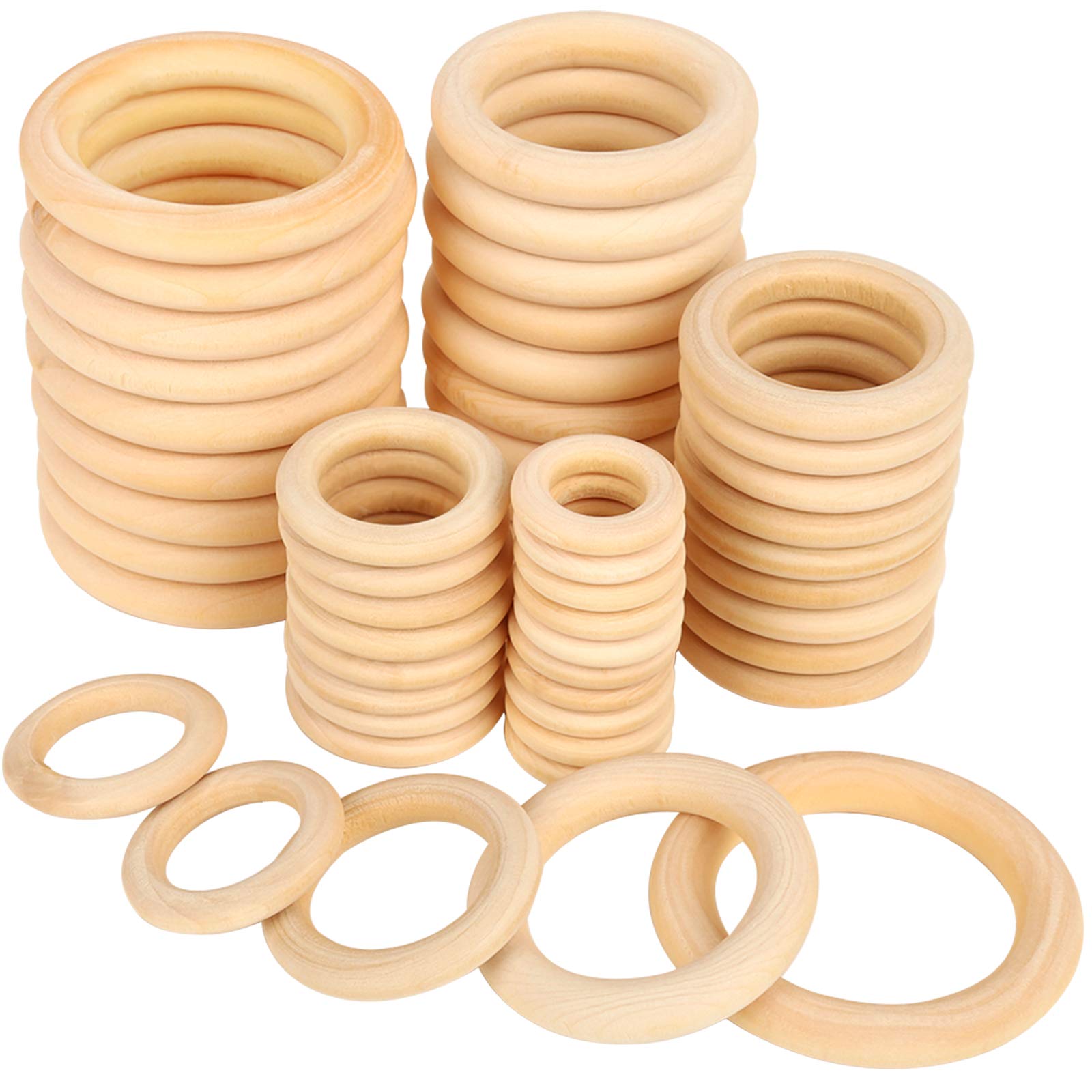 50 Pcs Natural Wood Rings, HNYYZL Unfinished Solid Wooden Rings Wood Loop Ring, for DIY Crafts Christmas Ornaments Wedding Decorations, 5 Size