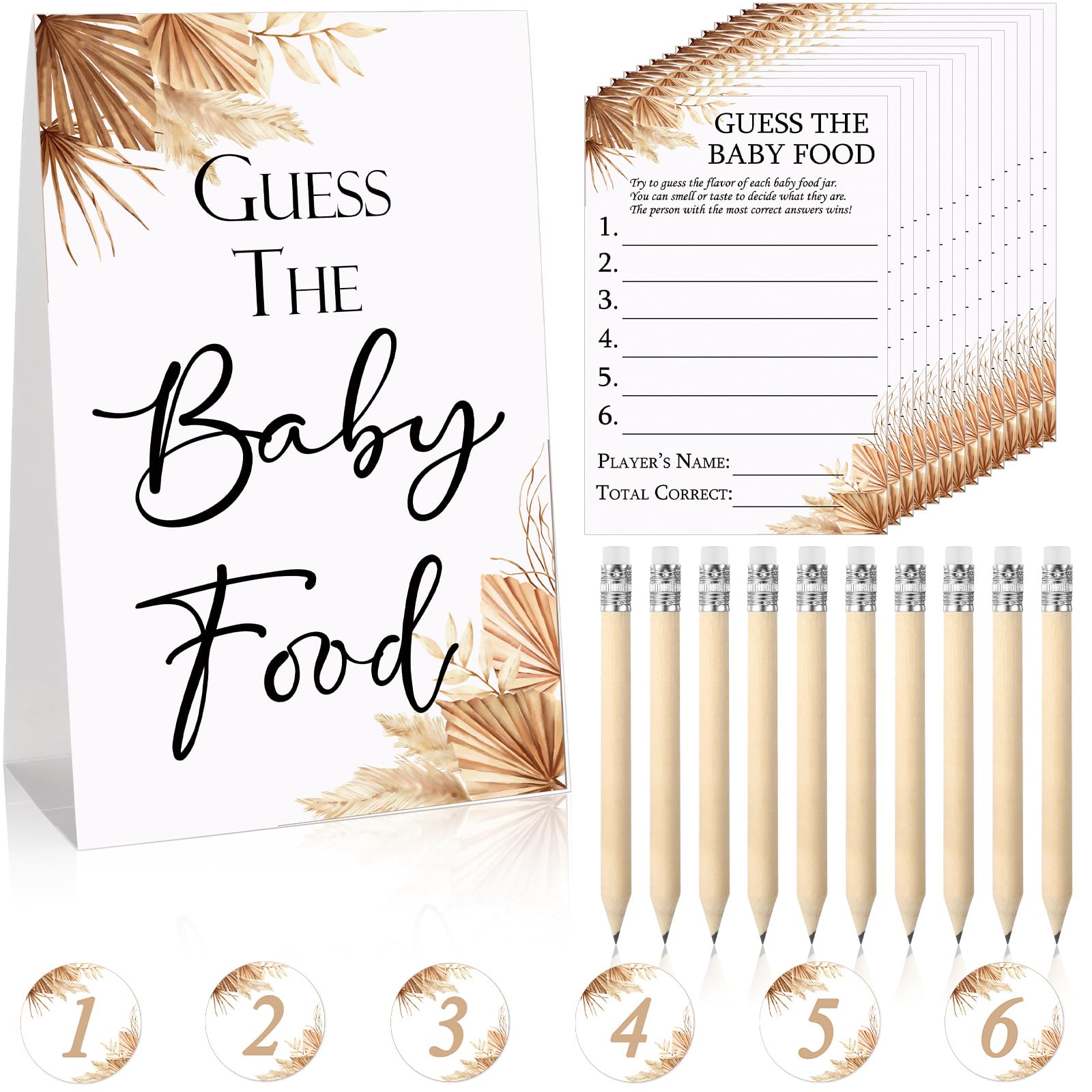 Photo 1 of 67 Pcs Guess the Baby Food Game Boho Baby Shower Games Set 1 Standing Sign 50 Answer Cards 10 Pencils 6 Number Stickers for Gender Reveal Party Decoration Supplies