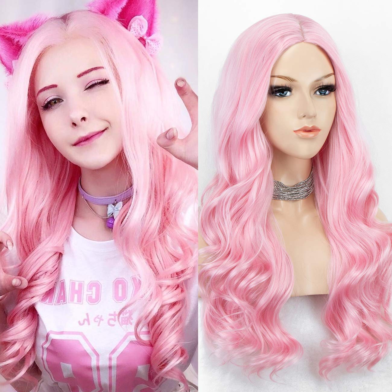 K'ryssma Baby Pink Wig Long Wavy Pink Wig with Middle Parting Light Pink Synthetic Wigs For Cosplay Party Glueless 22 inches