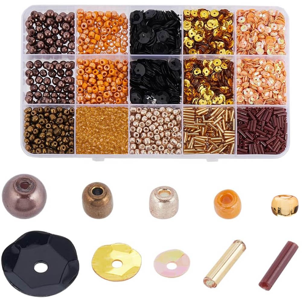 SUNNYCLUE 140g Sequins and Beads Kit Glass Seed Beads Glass Bugle Beads Disc Plastic Paillette Bead Brown Glass Pearl Bead Loose Spacer Beads for Jewellery Making Necklace Bracelet Earrings DIY Crafts