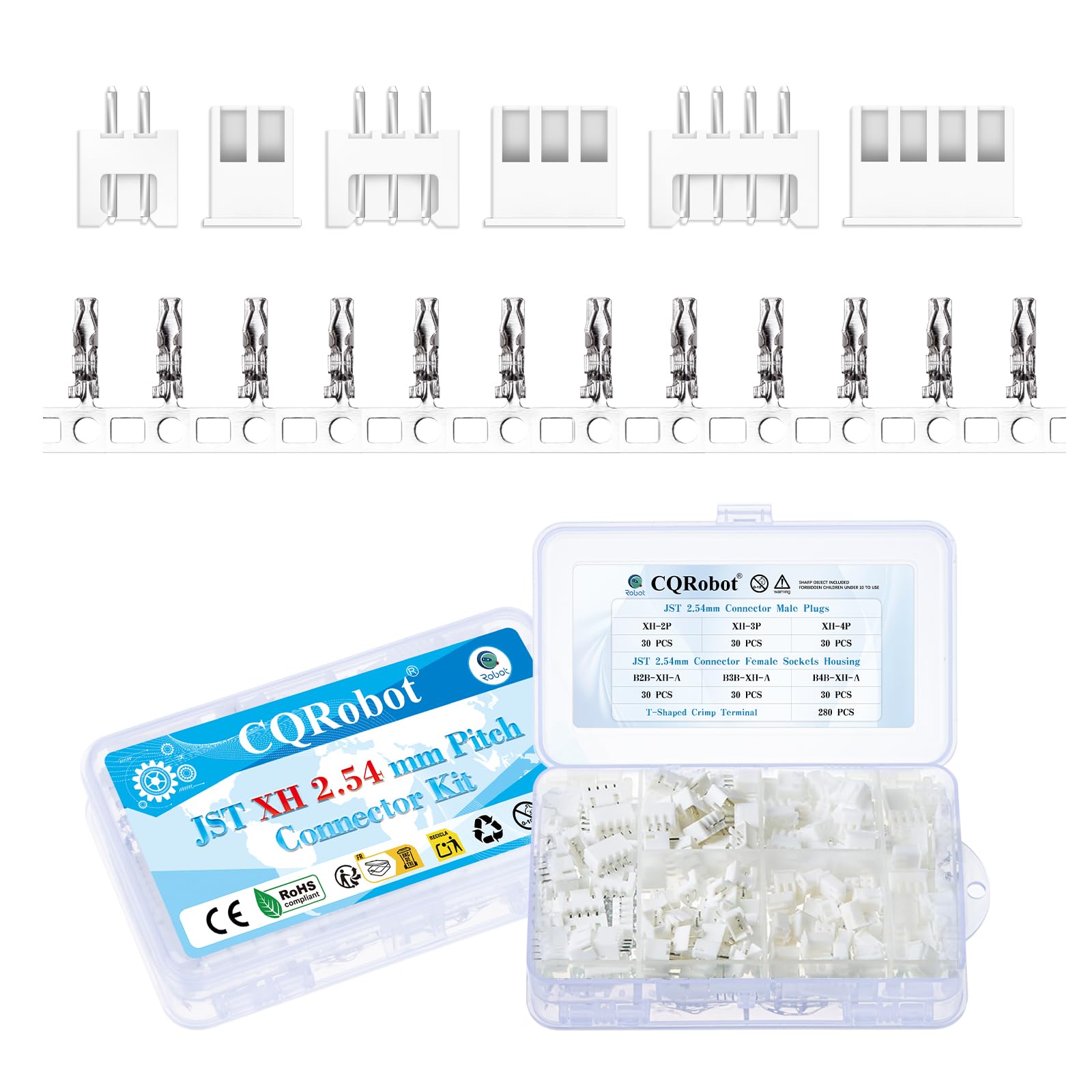 CQRobot JST XH 2.54 mm Pitch 2-Pin/3-Pin/4-Pin Electronic Connector IC Male Plugs, Female Sockets Housing and T-Shaped Crimp Terminal Kit. 90 Sets/460 Pieces Wire-to-Board Adapter Cable Assembly.