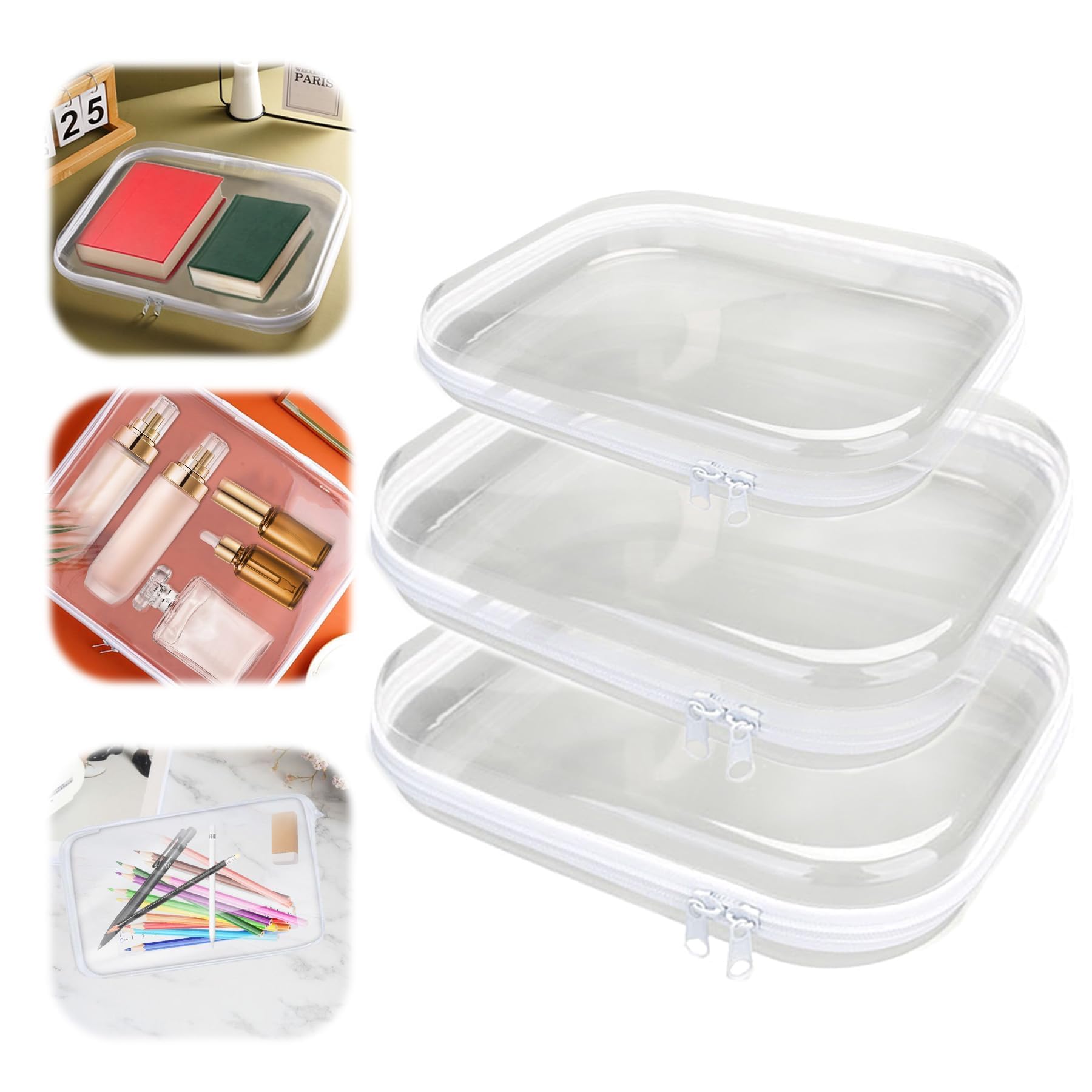 Photo 1 of 3PCS Zippered Transparent Cases for Snacks,Portable Waterproof Cosmetic Bag with Zipper,Clear Hard Shell Zipper Case for Cosmetic Storage, Putting Snacks, Pencil Case (2M+1S)