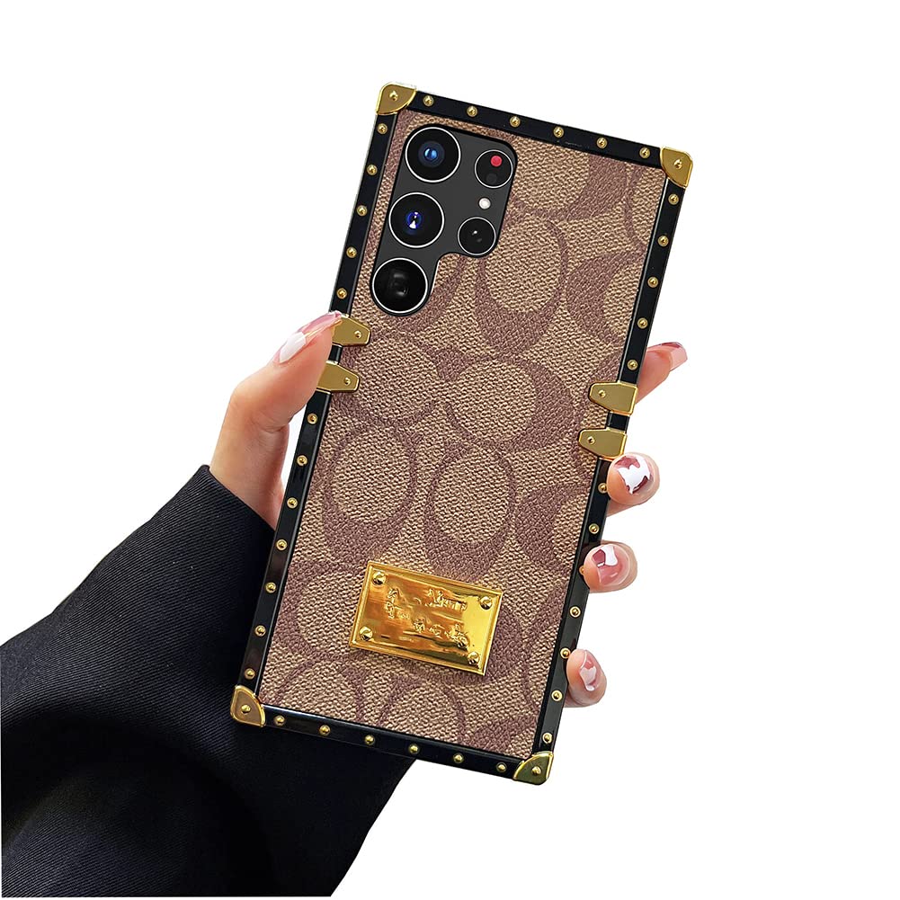 Turecowyf Phone Case for Samsung Galaxy S24 Ultra,Luxury Golden Decoration Corner Soft TPU Bumper Elegant Shockproof PU Leather Protective Back Cover Compatible with Galaxy S24Ultra(Khaki)