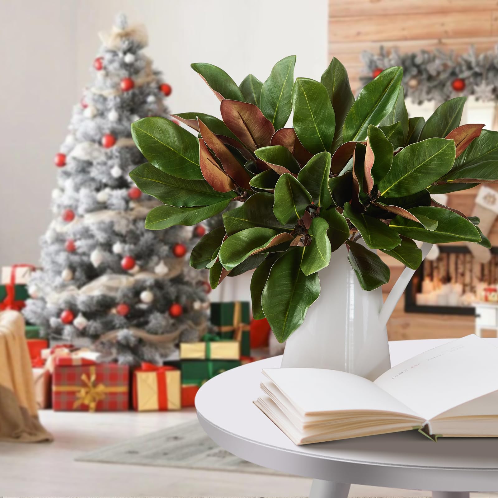 Photo 1 of 4 Pcs Magnolia Artificial Leaves Branches 22 Inch 3D Real Touch Faux Magnolia Stems Fake Magnolia Twigs for Indoor Outdoor Vase Filling Home Wedding Floral Arrangement Decoration