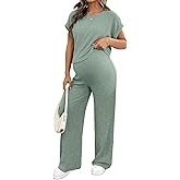 BLENCOT Maternity Clothes Ribbed Short Sleeve Maternity Pajamas Sets Sleepwear Lounge 2 Piece Matching Outfits Set