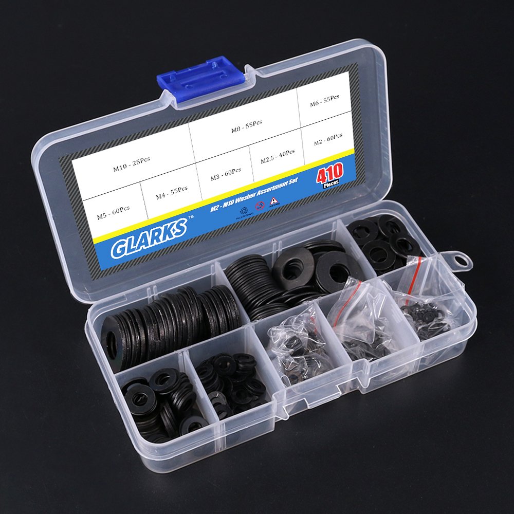 Glarks 410Pcs Metric M2 M2.5 M3 M4 M5 M6 M8 M10 Flat Washers Assortment Set, Black Zinc Plated Alloy, 2mm, 2.5mm, 3mm, 4mm - Image 5