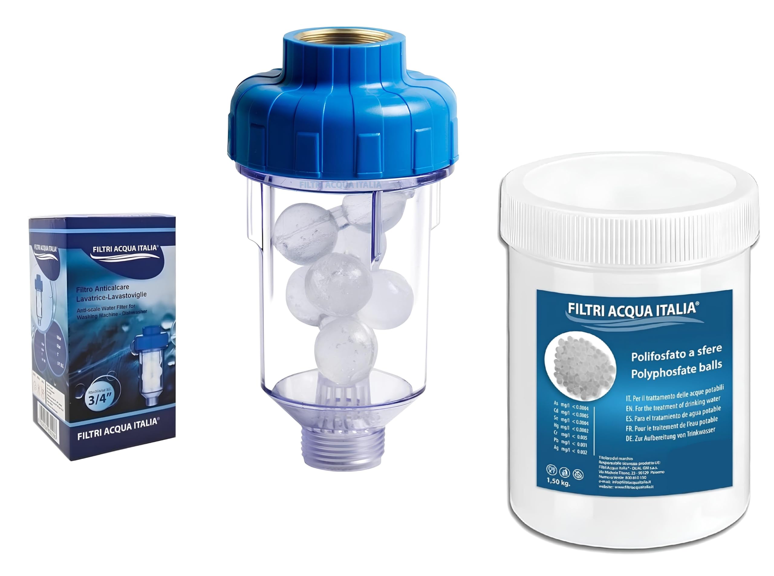 Filtri Acqua Italia 8054134630093 Anti-limescale Filter for Washing Machine Brass Connections with 10 Polyphosphate Refills of 1.5 kg, Plastic