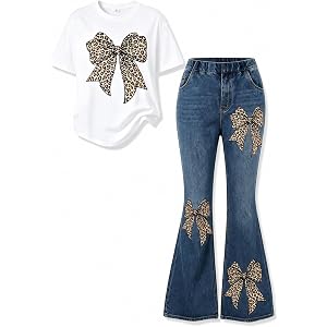 HSOXLQF Tween Girls Clothes Short-Sleeve Top Bowknot Print & Flared Jeans for 2 Piece Summer Fall Outfits Teen 7-14Y