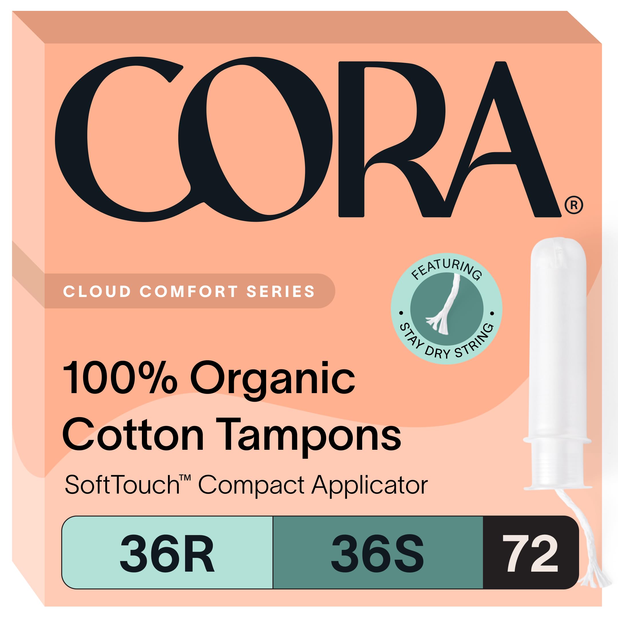 Photo 1 of Cora Organic Applicator Tampon Multipack | 36 Regular & 36 Super Absorbency | 100% Organic Cotton, Unscented, BPA-Free Compact Applicator | Leak Protection | Packaging May Vary | 72 Total