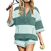 KateModa Women's 2 Piece Striped Outfits Oversized Striped Workout Sets Lounge Set Summer Tracksuit Top and Shorts Sets