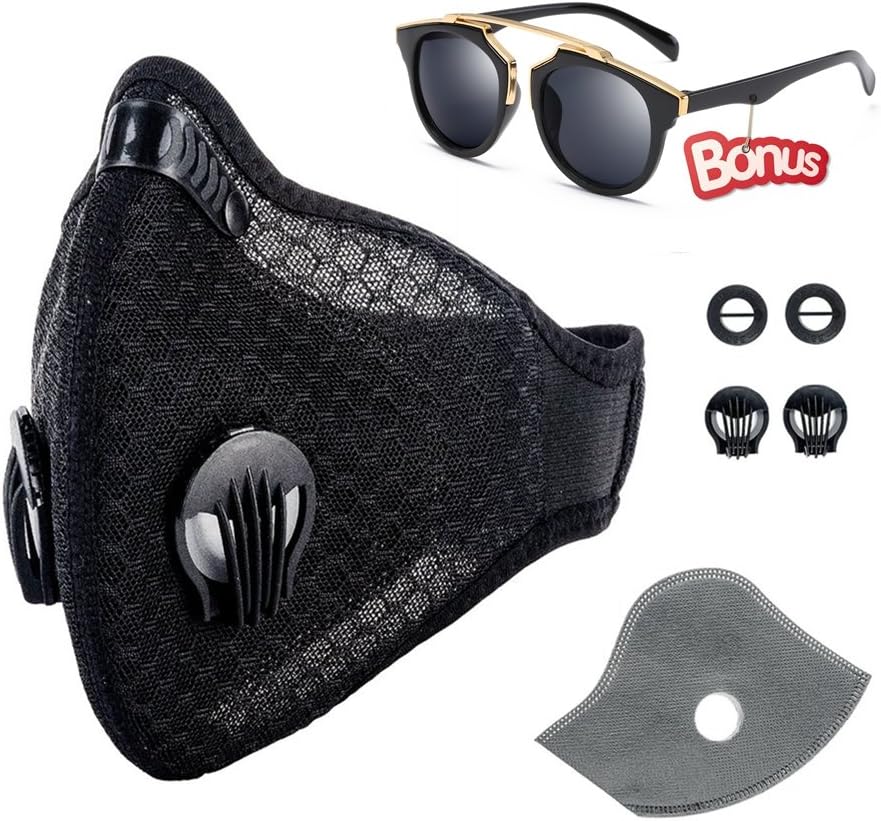 UpUser Dust Mask with Sunglass, Activated Carbon Dustproof Masks with Extra Filter Cotton Sheet and Valves for Running, Cyclinging, Exhaust Gas, Pollen Allergy, PM2.5
