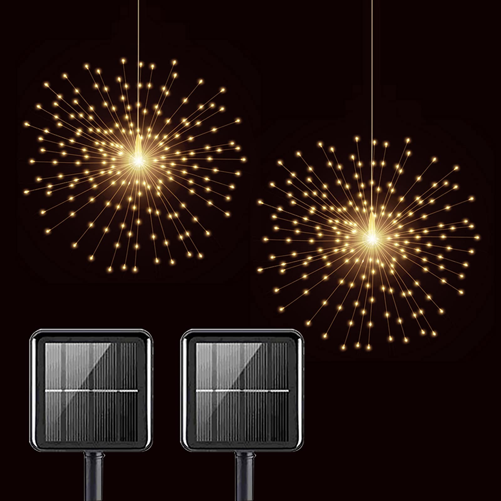 Photo 1 of PXBNIUYA 2 Pack Solar Starburst Sphere Lights,200 LED Firework Light 8 Modes Dimmable Waterproof Hanging Fairy Light, Copper Wire Lights for Tents Patio Parties Christmas-NO Remote (Warm White)