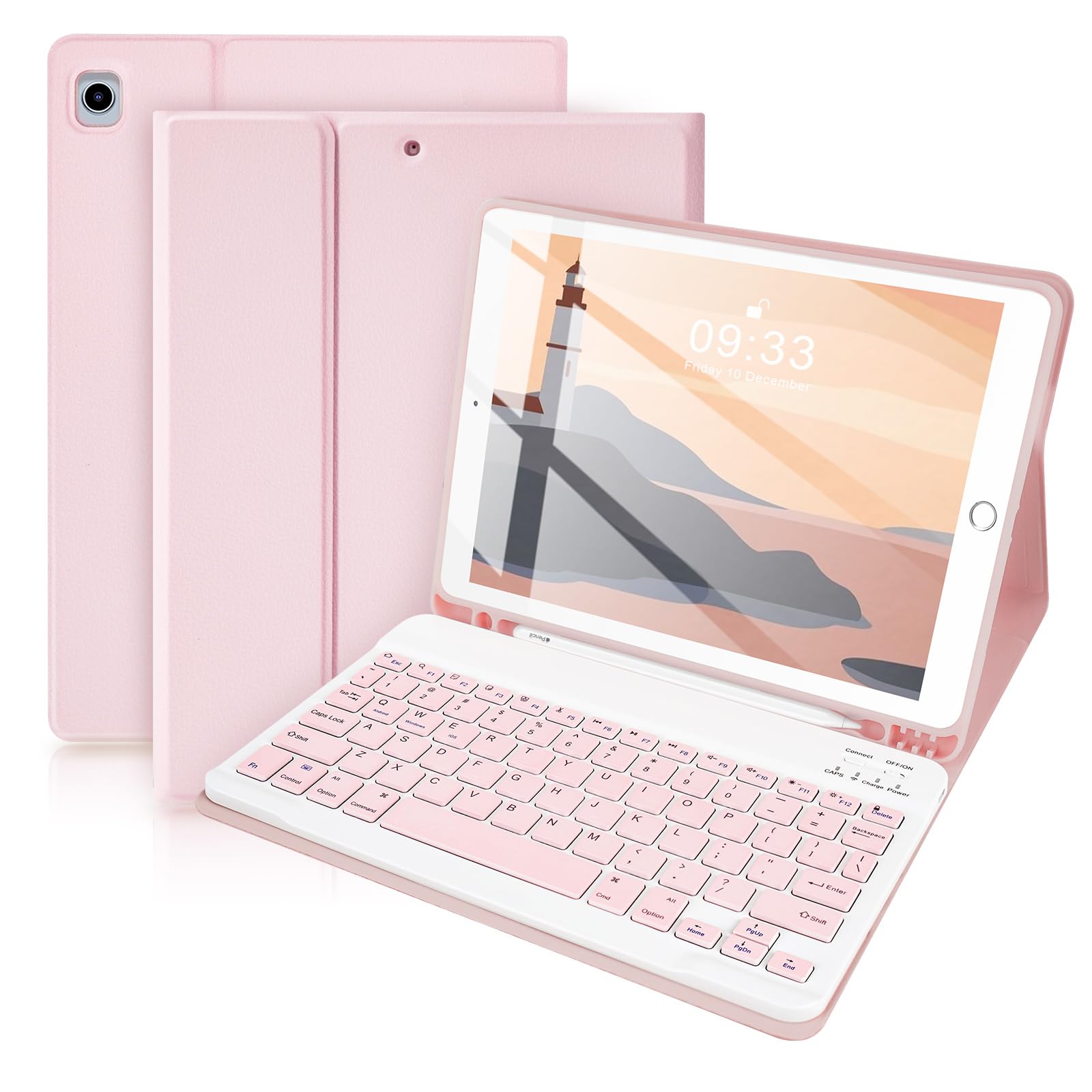 SOPPY Bluetooth Keyboard Case for iPad 7th/8th/9th Gen 10.2-inch, Air 3 & Pro 10.5-Inch, Detachable Wireless Keyboard with Pencil Slot, Slim Protective Cover, Auto Sleep/Wake, UK Layout, Pink