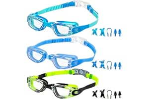 Kids Swim Goggles, 3 Packs Swimming Goggles for Kids Girls Boys 3-14, Clear Vision Anti-Fog Anti-UV with Nose Plugs Earplugs