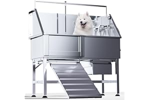 NUWJBYE 46" Stainless Steel Dog Washing Station, Professional Dog Bathtub for Large, Medium & Small Pet. Height Adjustable Grooming Tub W/Drawer, Ramp, Floor Grate & Fauct. (Left ramp)