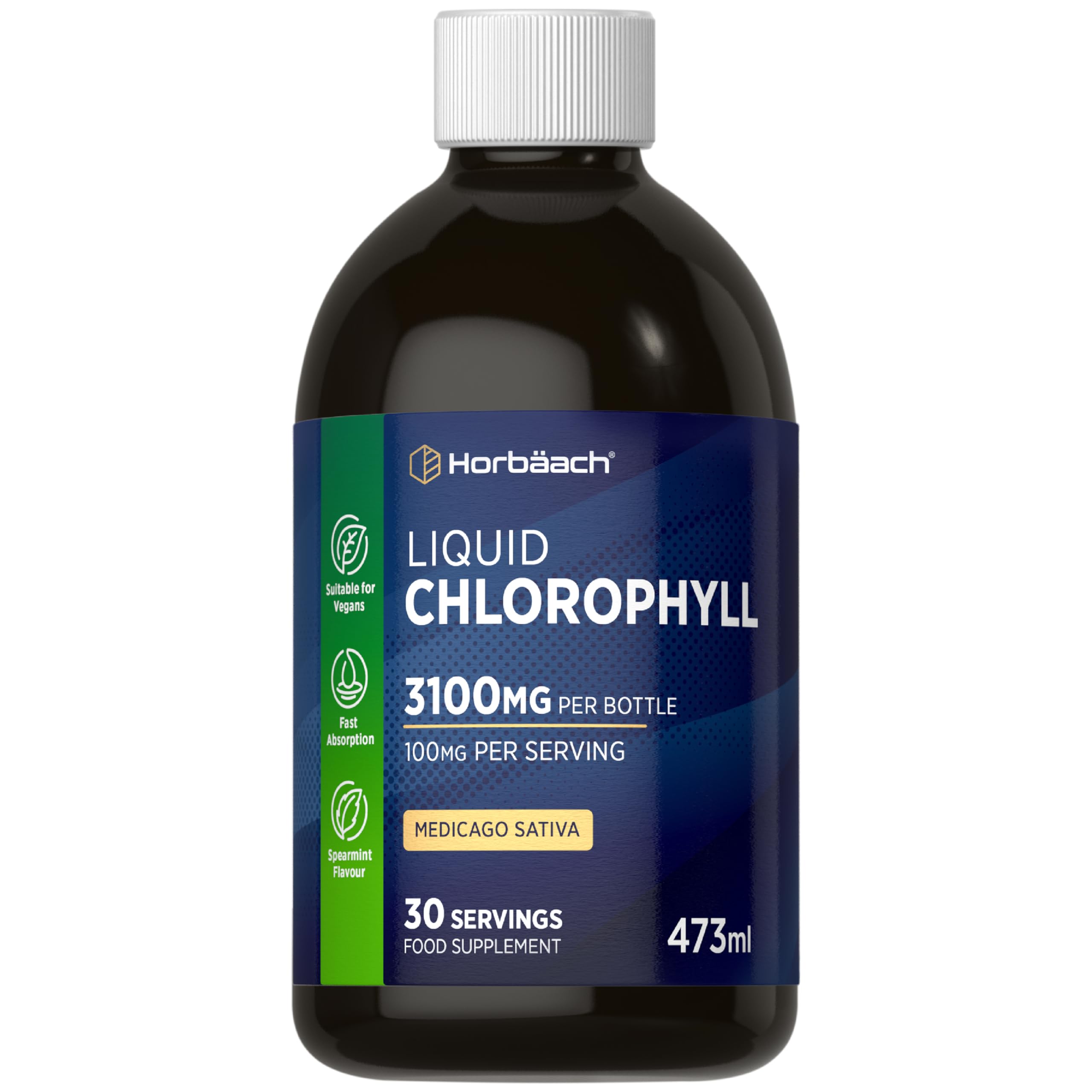 Liquid Chlorophyll Drops for Water | 3100mg Per Bottle | 473ml | Vegan Supplement | Mint Flavour | by Horbaach