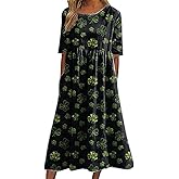 domirica St Patricks Day Dress for Women Shamrock Crewneck Short Sleeve High Waist 2025 Summer Casual Flowy Fashion Dress