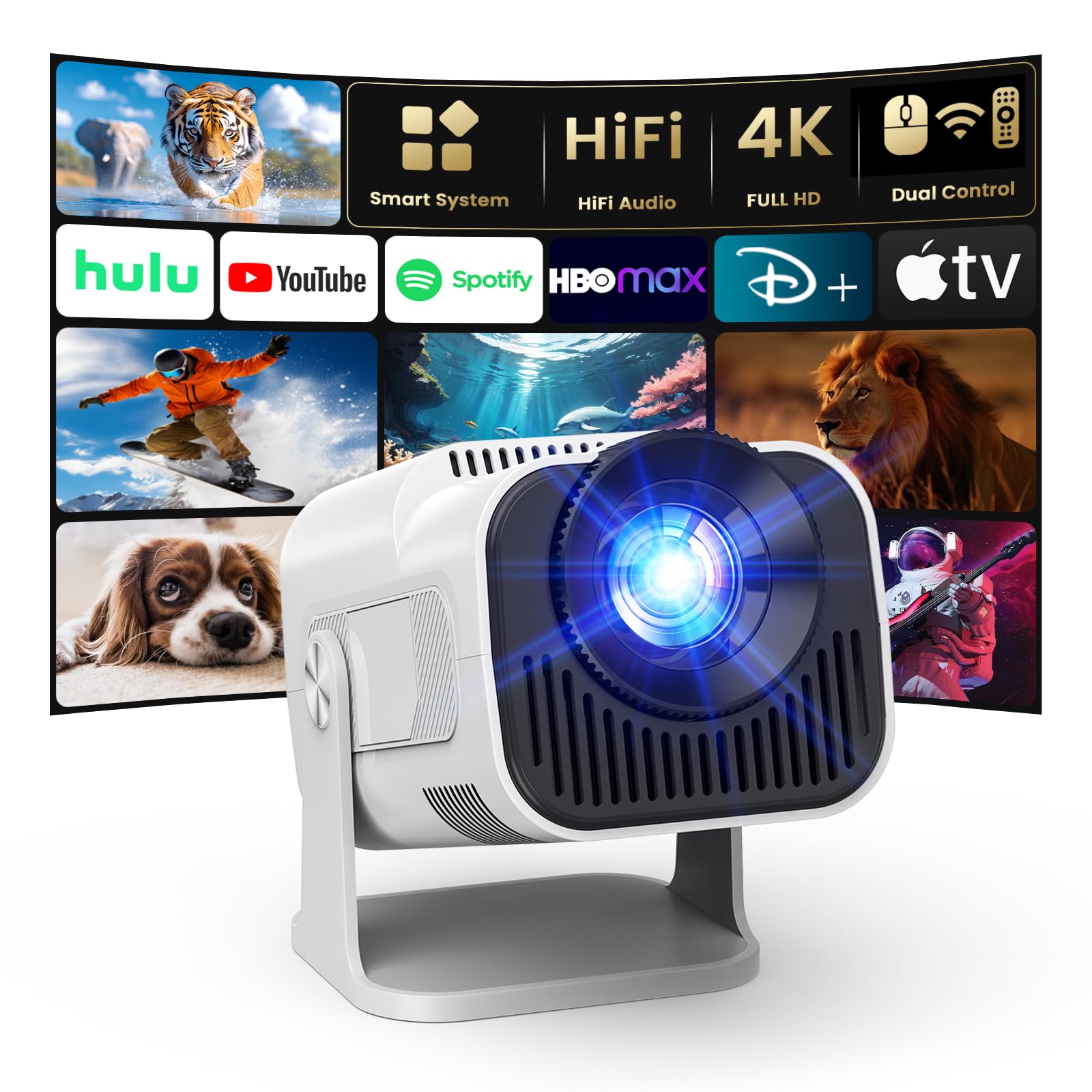 Photo 1 of ** FACTORY SEALED** 4K Projector with Wifi and Bluetooth, 1080P Native Mini Projector Portable, Compatibile with TV Stick/Memory Stick/Laptop, Smart Home Outdoor Projector-Beige
